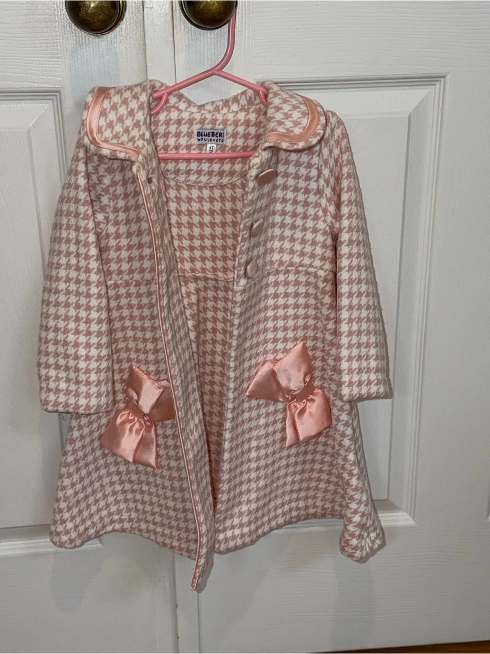 Blueberi Boulevard Pink Houndstooth Coat with Satin Bows